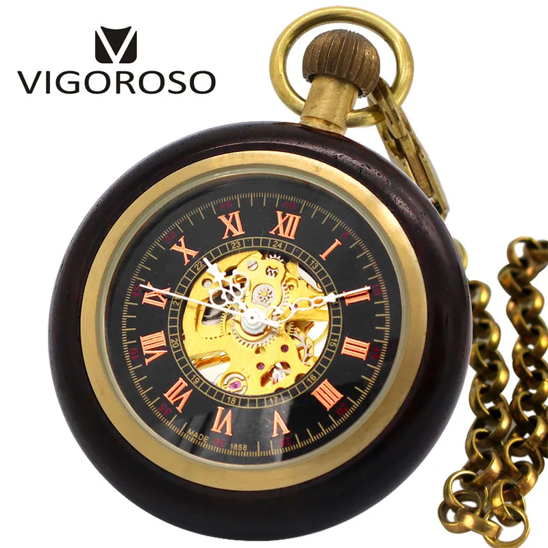 

2018 New Antique Retro Design Rosewood Wooden Case Mechanical Pocket Watch Roman Number Dial Skeleton With Copper Chain Handwind
