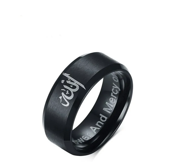 

Black Muslim Allah Shahada Titanium Steel Ring For Women mens Islam Arabic God Messager Quran Band Middel East Wedding jewelry