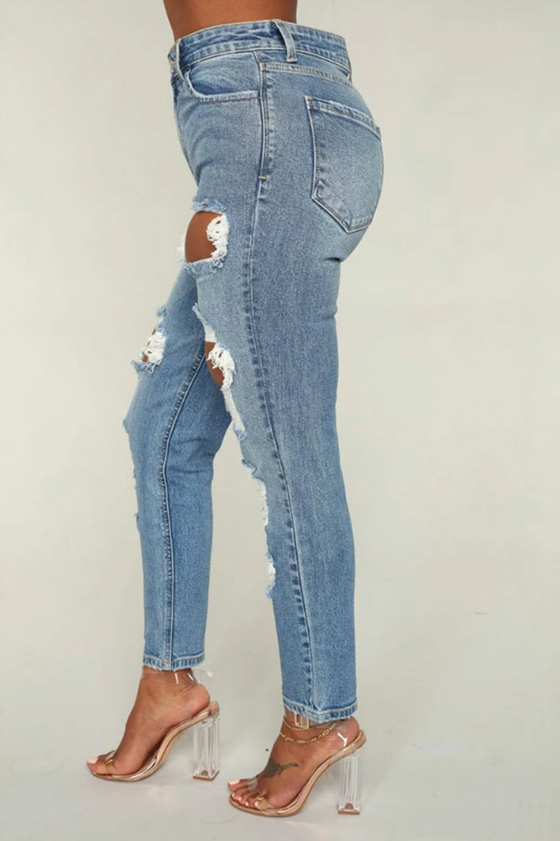 Рваные модные джинсы Для женщин Высокая Талия Карандаш Джинсовые штаны эластичные без стрейч пикантные свободный крой выдалбливают high street