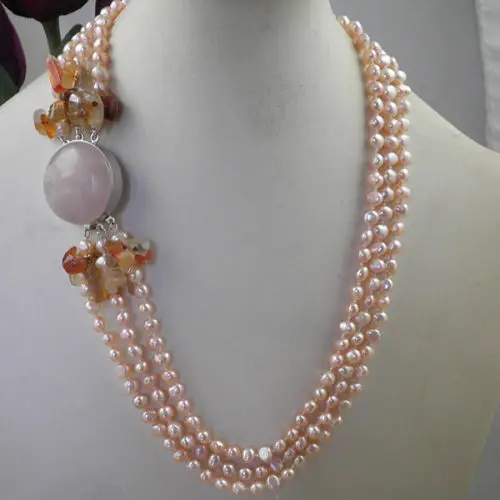 

Miss charm Jew.762 COOL UNIQUE 3-ROW GENUINE PINK PEARLS+RED AGATE+ROSE QUARTZ CLASP NECKLACE
