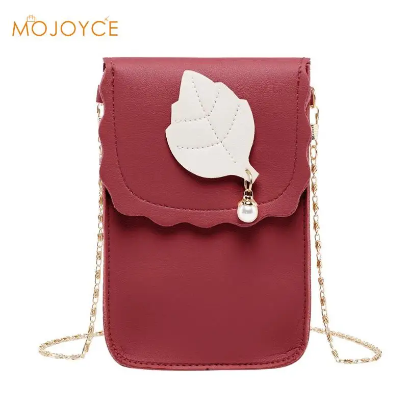 

Simple Style Phone Bag Fashion Teenage Girls PU Leather Shoulder Bags 2018 Pearl Leaf Crossbody Handbag Casual Small Messenger