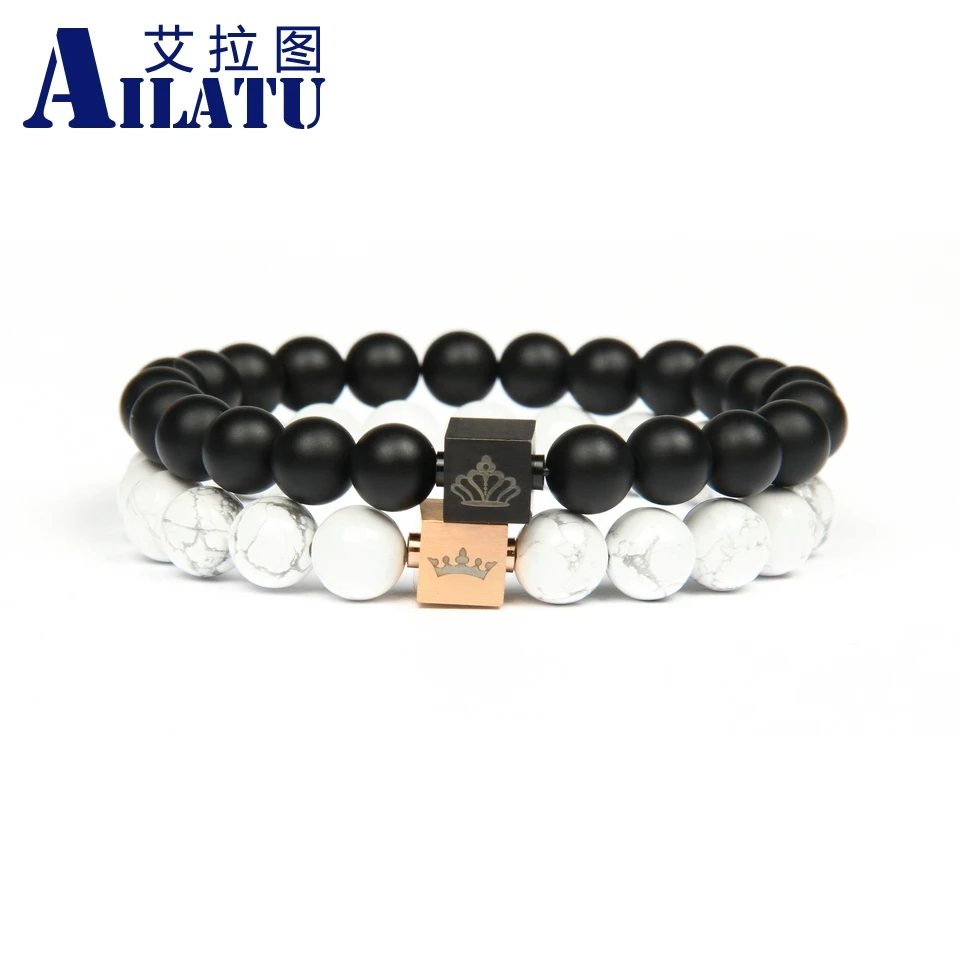 

Ailatu King Crown Stainless Steel Cube Bracelet Logo Engrave Chakra Stone Diffuser Bracelets Men Jewelry Gift Drop Shipping