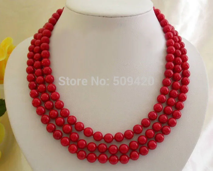 

Wholesale>>stunning 3rows 8mm round crude red coral necklace