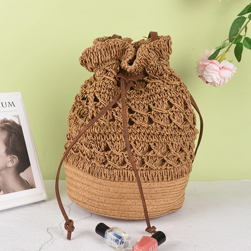 Women Crochet Straw Bucket Crossbody Bag Drawstring Casual Shoulder Handbag Bags Summer Holiday Beach Travel Totes