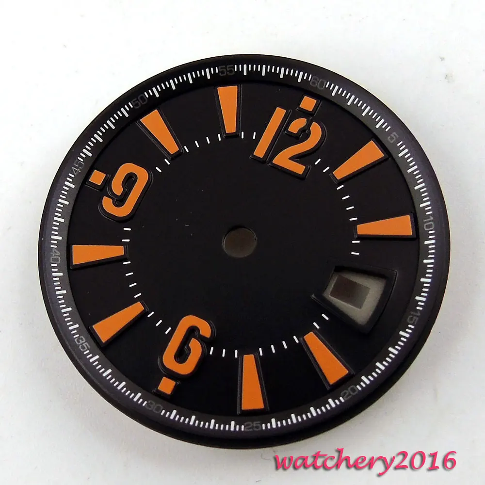 Мм 31,5 мм черный Циферблат оранжевый маркеры окошко даты fit ETA 2836 Mingzhu 4813 2813 двигаться для мужчин t мужские часы циферблат