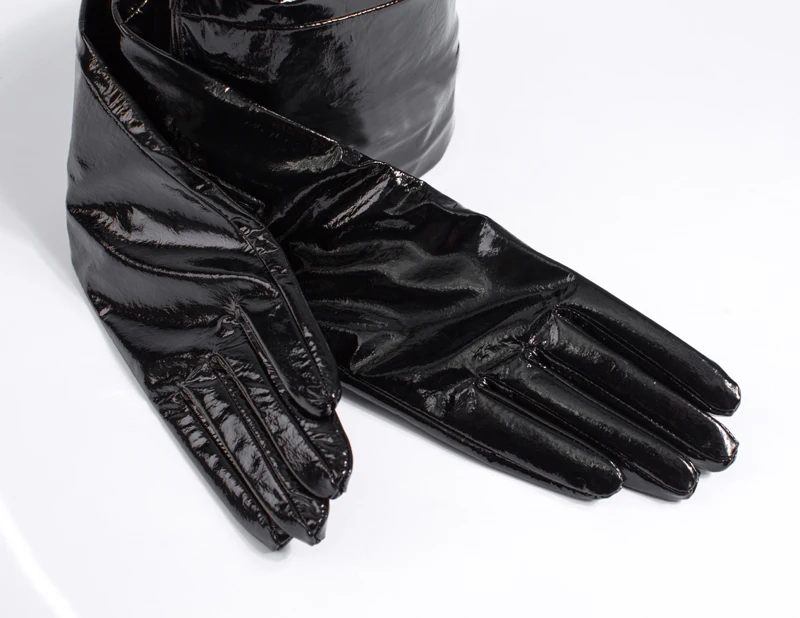 60 см(23,") длинные классические простые лакированные кожаные вечерние длинные перчатки черного цвета