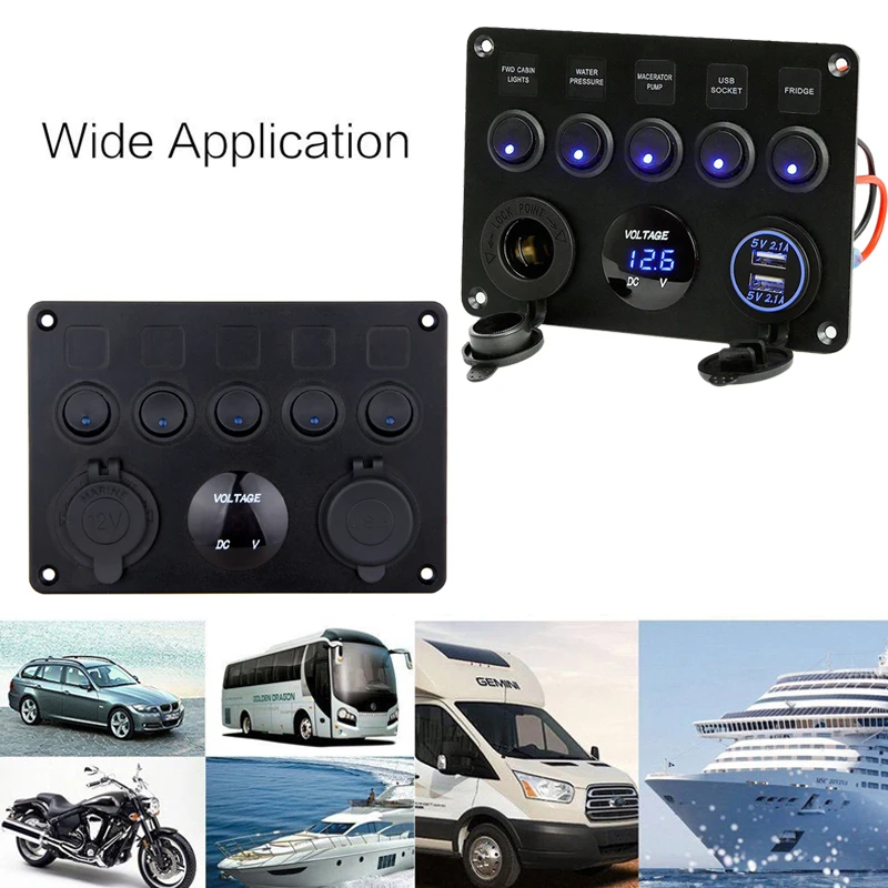 Caixa de Fusível Inline Gang Azul Rocker Switch Painel Voltímetro Dupla Usb Carregador Tomada 12 v 24 Veículo Iate Navio Carro Barco Marinho 5 Led 6 led rocker switch painel voltímetro dupla usb