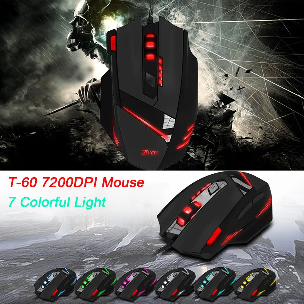 Zelotes T-60 USB проводной игровой Мышь 7 кнопок 7200 Точек на дюйм оптический Регулируемая USB компьютера светодиодный Подсветка мыши игровая мышь для Gamer