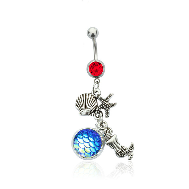 Body Piercing Jewelry with Silver Color Red Crystal Rainbow Scales Mermaid  Shaped Dangle Belly Button Ring for Unisex