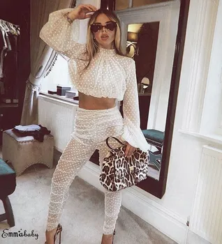 

Two Pieces Set New Summer Women Sexy See Through Outfits Lady Sheer Lantern Sleeve Crop Top Dot Long Pants Beach Outfits