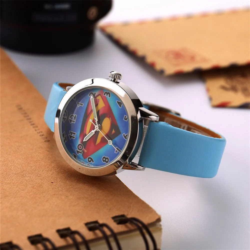 TMC#453 новые стильные часы с рисунком Супермена, кожаный ремешок, аналоговые кварцевые наручные часы для детей, подарок для мальчиков и девочек