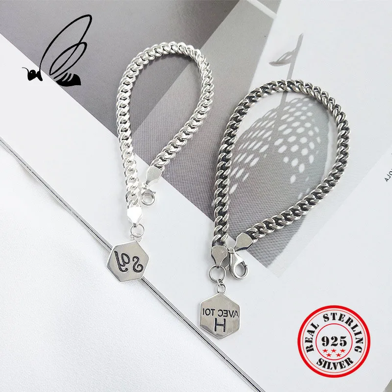 

925 Sterling Silver Vintage Crude Letter Pendant Bracelets Silver Hiphop Rock Elegant Texture Female Men Bracelets Fine Jewelry