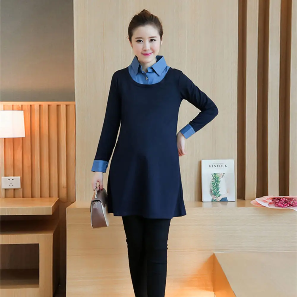 

2017 Winter Autumn Denim Patchwork False Two Pieces Maternity Dresses for Pregnant Women,Long-sleeved Dress Pregnancy Clothes