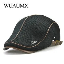 Wuaumx Autumn Winter Crochet Beret Buckle Hats For Men Beret Cap Women Military Visors Thicken Wool Warmer Knitted Cap