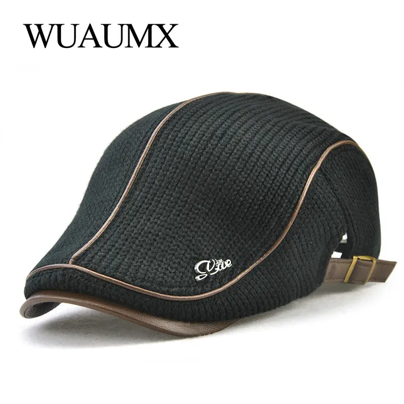 Wuaumx Autumn Winter Crochet Beret Buckle Hats For Men Beret Cap Women Military Visors Thicken Wool Warmer Knitted Cap Casquette 1