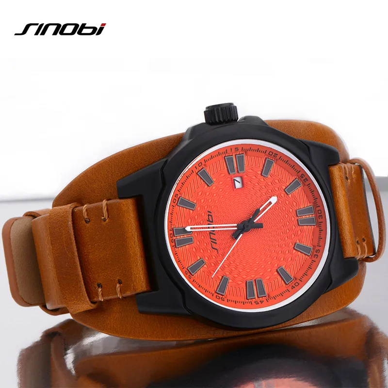 SINOBI спортивные мужские наручные часы для роскошного бренда, кожаный ремешок для часов для мужчин, повседневные военные водонепроницаемые кварцевые часы Horloges Mannen