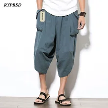 Модные удобные свободные хлопковые льняные брюки Для мужчин Повседневное одноцветное заниженным шаговым швом брюки шнурок шаровары Хип-хоп Для мужчин брюки 5XL