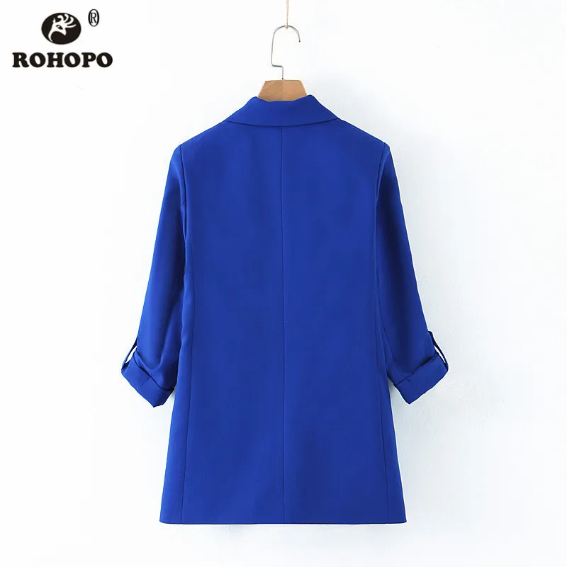 ROHOPO Women Draped Button Cuff Sleeve Blazer Blue Notched Collar Straight Outwears Office Ladies Casual Chaqueta #BM2215