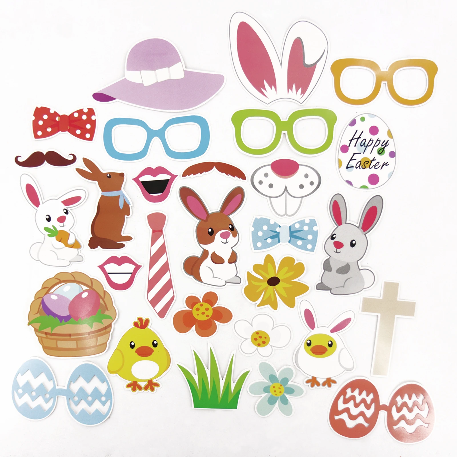 

29pcs/set Photo Booth Props Fun Easter Mask DIY Eggs Bunny Ears Stick Photobooth Kids Party Decoration Centerpieces