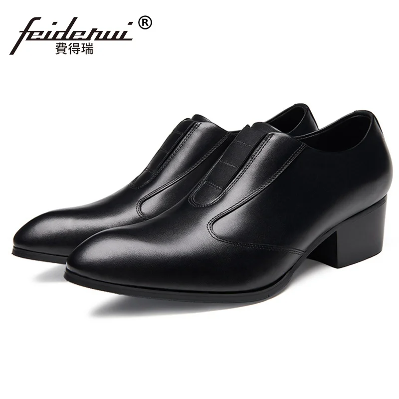 

Fashion Man Handmade Casual Shoes Genuine Leather High Heel Loafers Pointed Toe Slip on Height Increasing Men's Prom Flats SS265