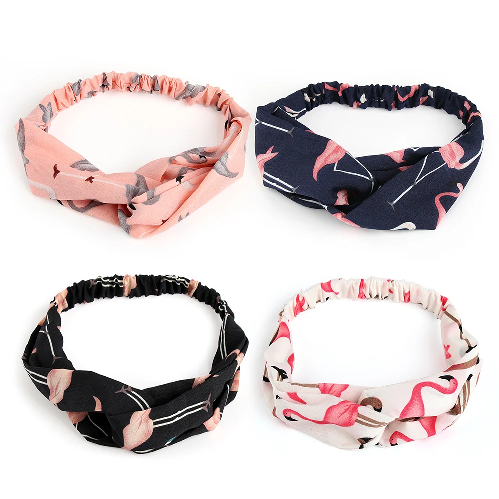 

2019 Fashion Spring Summer Chiffon Headbands For Women Girl Flamingo Cross Bandage Bandana Wide Turban Headwrap Hair Accessories
