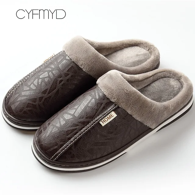Men's slippers Home Winter Indoor Warm Shoes Thick Bottom Plush  Waterproof Leather House slippers man Cotton shoes 2021 New 2