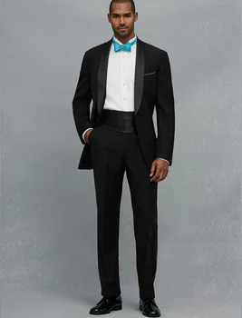 

High Quality One Button Black Groom Tuxedos Groomsmen Men's Wedding Prom Suits Custom Made (Jacket+Pants+Girdle+Tie) K:120