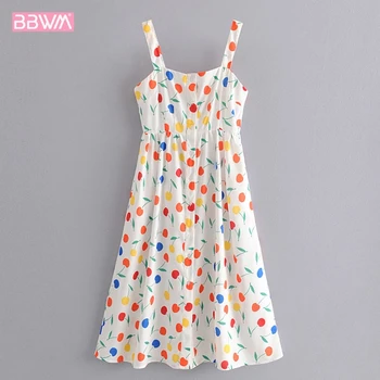 

2019 summer new slim slimming wild cherry print sleeveless straps buckle dress dress female Leisure holiday Harajuku women's