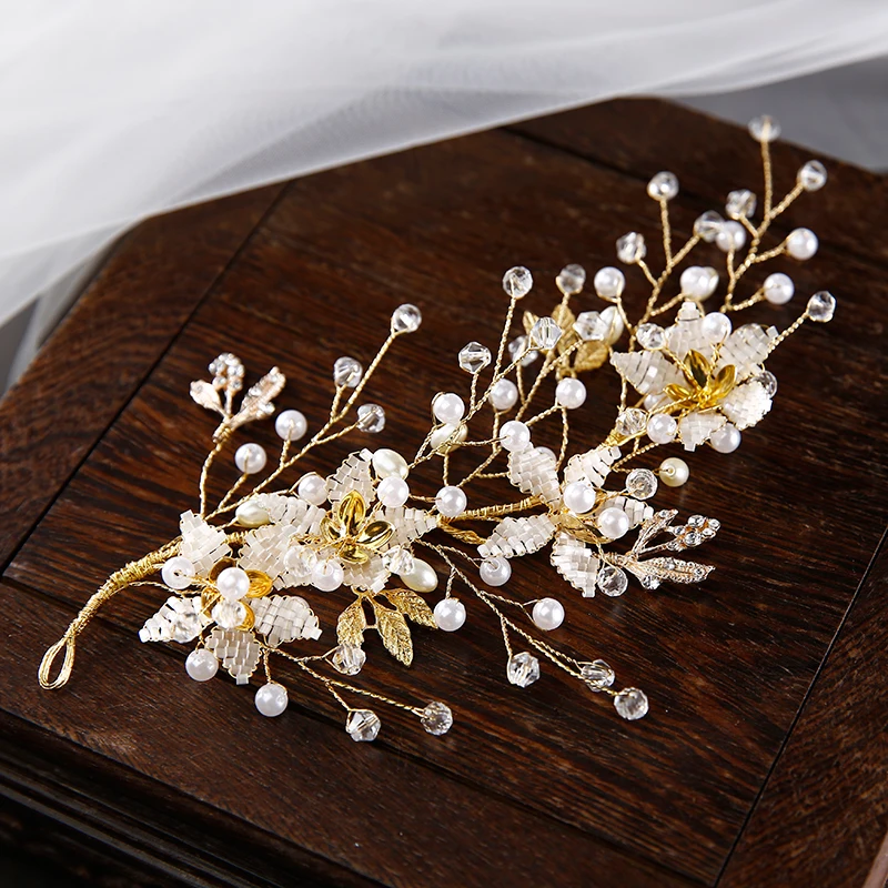 Золотой невесты кристалл свадебные аксессуары для волос украшение из цветов невесты жемчужина чародей