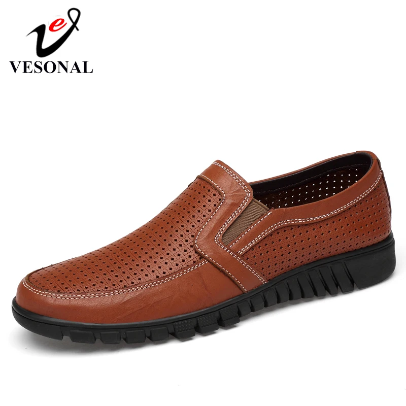 VESONAL Brand Genuine Leather Casual Shoes Men Adult Summer Breathable Hollow Loafers Men Soft Flats Male Footwear Quality