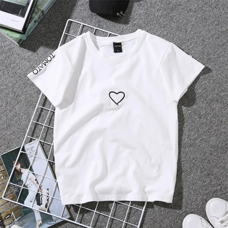 Summer 2019 couples lovers T-shirt for women Casual white Tops T-shirt woman T shirt love heart embroidered T-shirt Woman -95