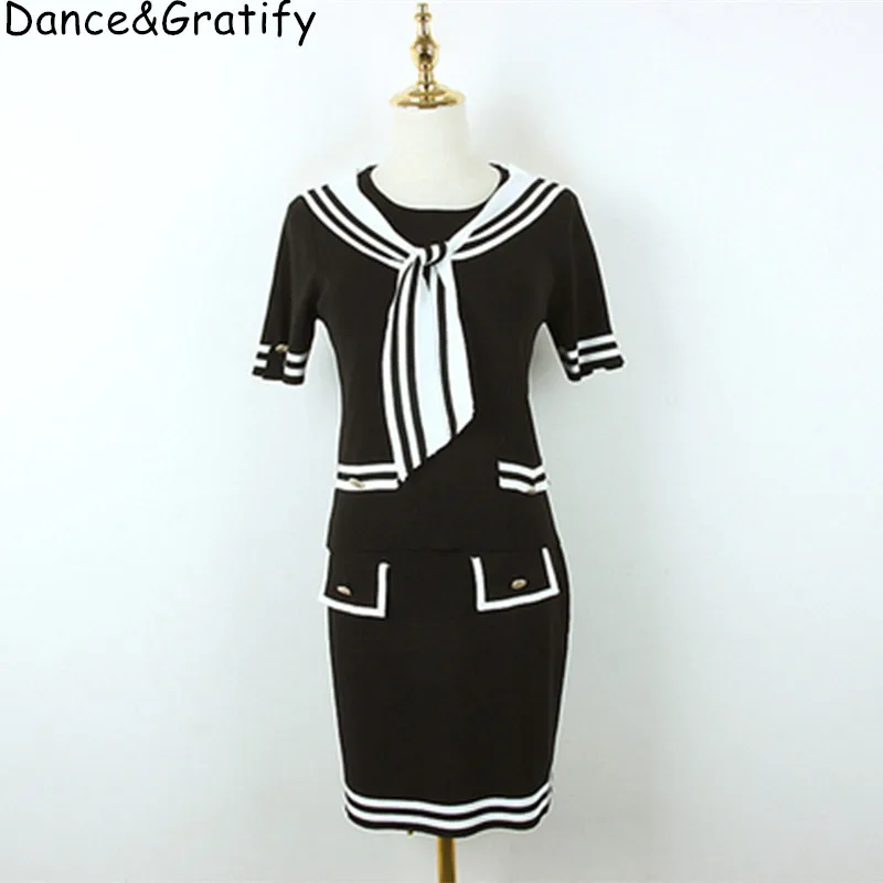 

High Quality Sweater Suits 2019 Summer Autumn Fashion Skirt Set Ladies Sailor Collar Striped Pullover+Mini Knitted Skirt Suit