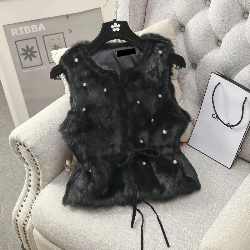 MUMUZI Women Genuine Natural Real rabbit fur Vests slim waist beaded Waistcoat short gilet coats with tassels Raccoon Fur collar Coats