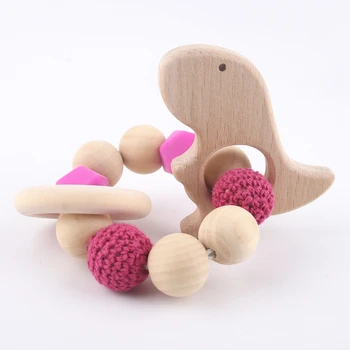 

1PC Natural Wooden Teethers Bracelets Beech Animals Dinosaur Wood Crochet Beads Non-toxic Hand Weave Bracelet Wood Baby Teether
