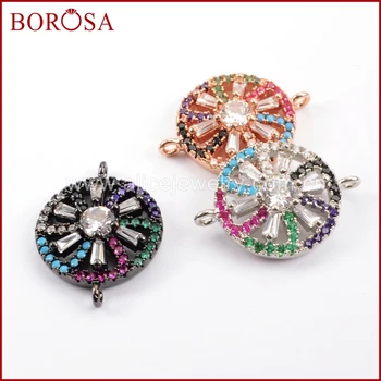 

BOROSA Wholesale CZ Micro Pave Rainbow Zircon Metal Round Crystal Connector Beads Double Bails High Quality CZ Connector WX768