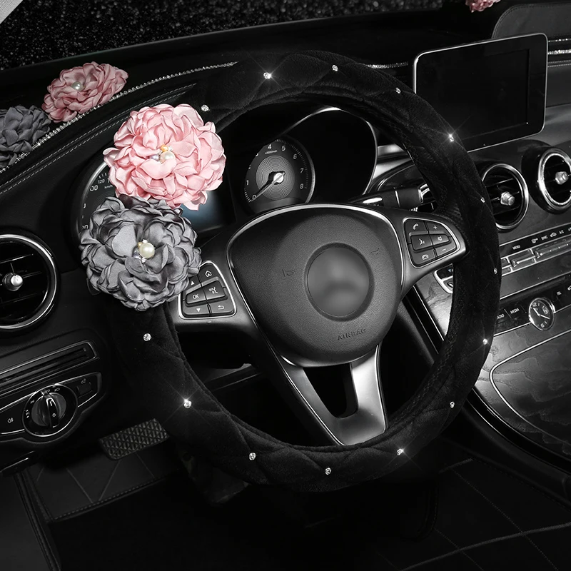 Flower Car Steering Wheel Cover Rhinestone Covered Floral Diamond