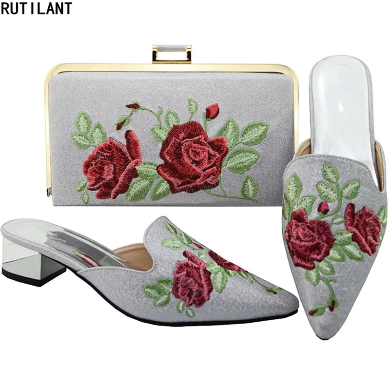 

Sliver Matching Shoe and Bag Set In Heels Nigerian Party Shoe and Bag Set Decorated with Flower Matching Italian Shoe and Bag