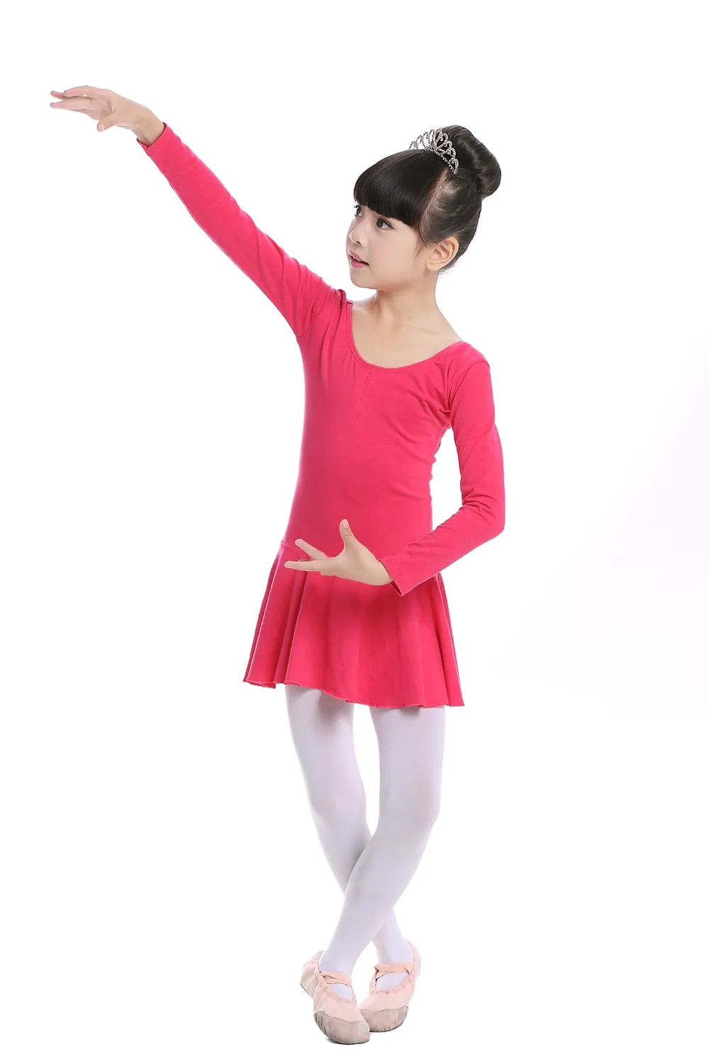 Pink Cotton Formal Ballet Dress for Girls Long Sleeves Shiny Ballet leotard for Dance Kids Gymnastics Professional Tutu Dress (25)