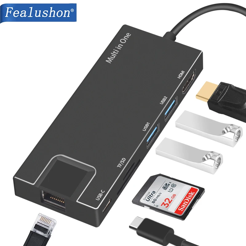 

Fealushon Docking Station Type C to HDMI USB3.0 RJ45 Gigabit PD Hub for Laptop Macbook Pro HP DELL Surface Lenovo Samsung Dock