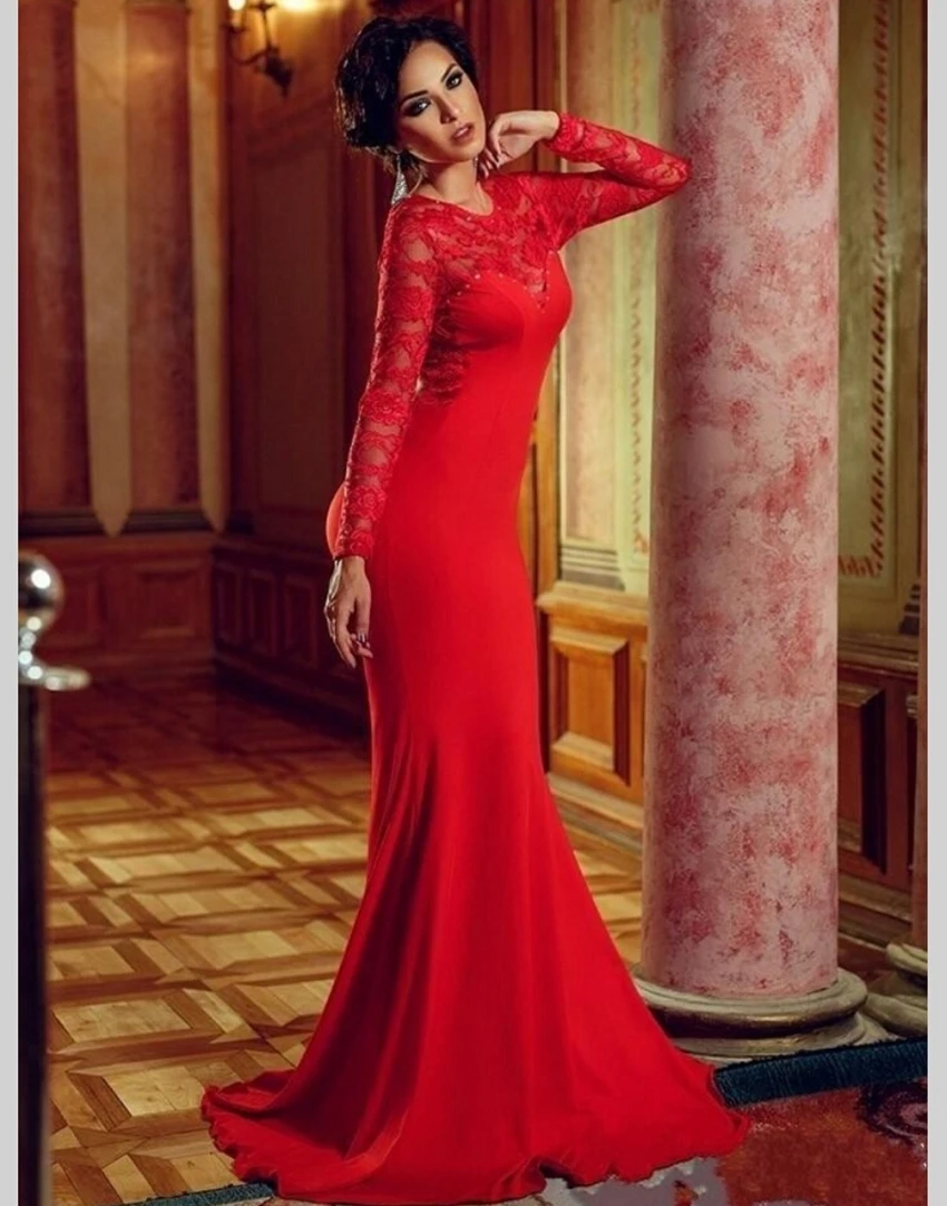 Kaftan Long Sleeve Mermaid Dress High Neck Chiffon Lace Backless Red Sexy Evening Gowns Made in China robe De soiree Dresses