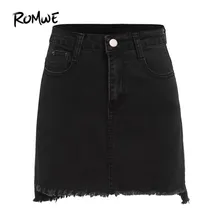 ROMWE Autumn Mini Skirts Casual For Women Plain Black With Pockets Above Knee Denim Bodycon Skirt Streetwear Punk