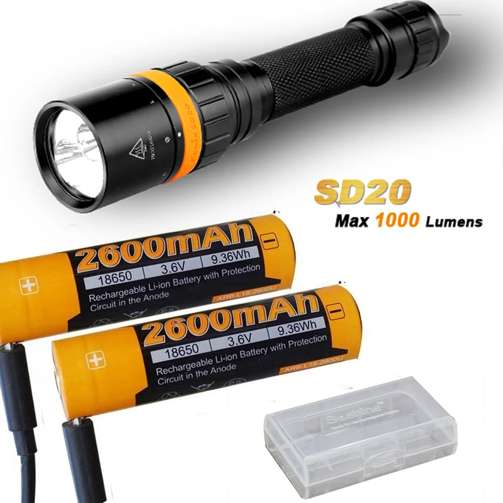 Fenix SD20 1000 люмен CREE светодиодный 100 м погружной Дайвинг фонарик с 2 x ARB-L18-2600U аккумулятор, USB кабель для зарядки