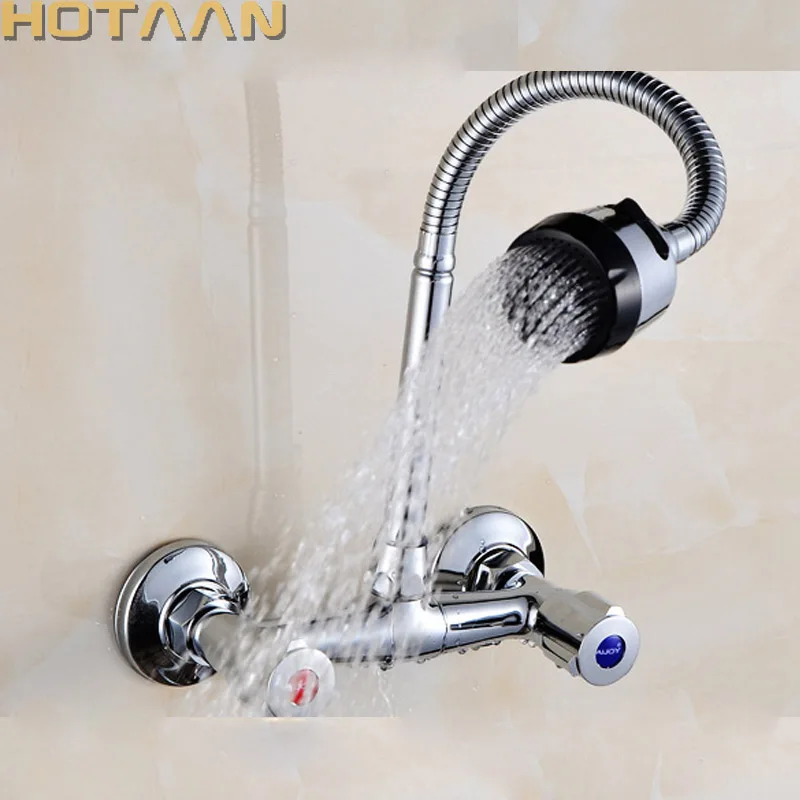 Montado en la pared de la cocina grifo de agua caliente y fría mezclador Crane Dual con doble agujero grifo para fregadero de cocina de cobre cromado YT-6029