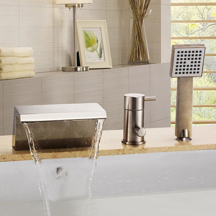 

FREE SHIP Modern Bathroom WIDESPREAD 3 Pieces Square Waterfall Roman Bathtub Tub Faucet Brushed nickel
