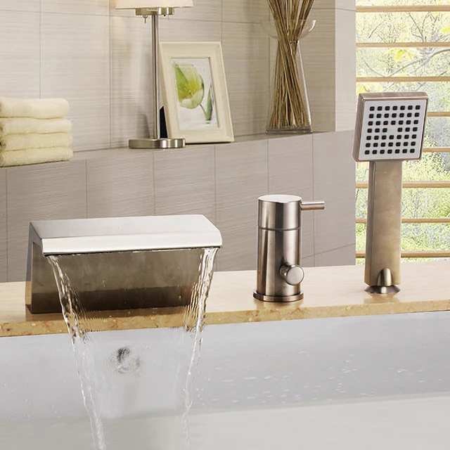 Free Ship Modern Bathroom Widespread 3 Pieces Square Waterfall Roman Free Ship Modern Bathroom Widespread 3 Pieces Square Waterfall Roman Bathtub Tub Faucet Brushed Nickel