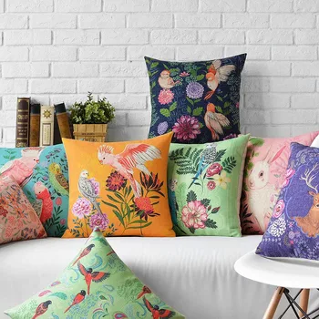 

Retro Bird and Flowers Home Decor Pillow Decorative Throw Pillows Cute Drawing Parrot Linen Cotton Cushion Free Shipping