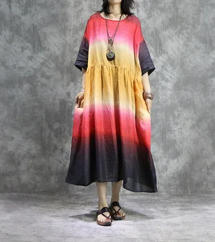 

Women Loose Gradual Change Color Mid-calf Dresses 2019 Summer Three Quarter Sleeve Casual Printed Dress Female XL-01