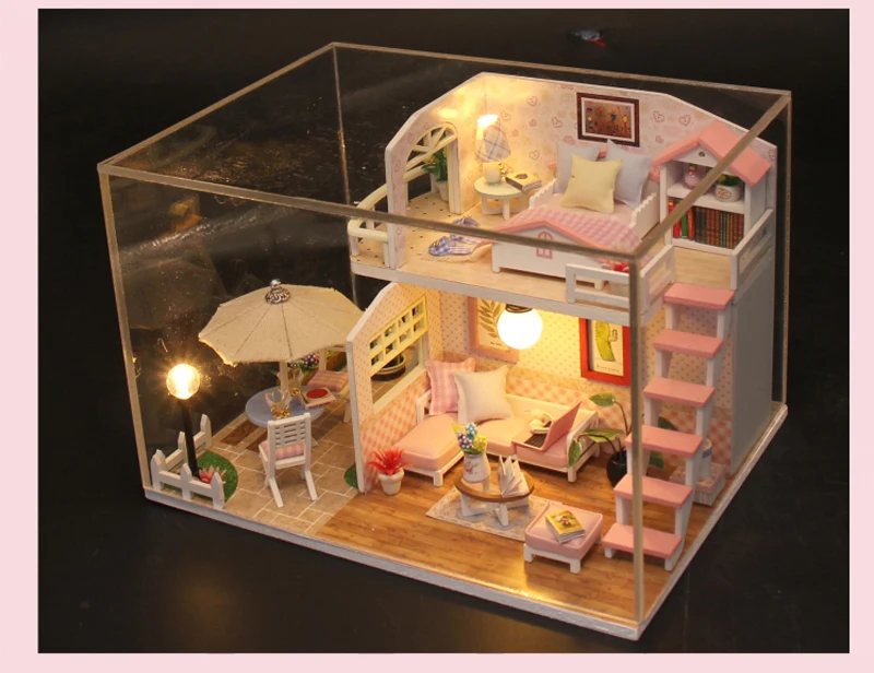 Кукольный дом Миниатюрный DIY кукольный домик с деревянная мебель для дома Розовый двухслойный cockлофт дом игрушки для детей подарок на день рождения