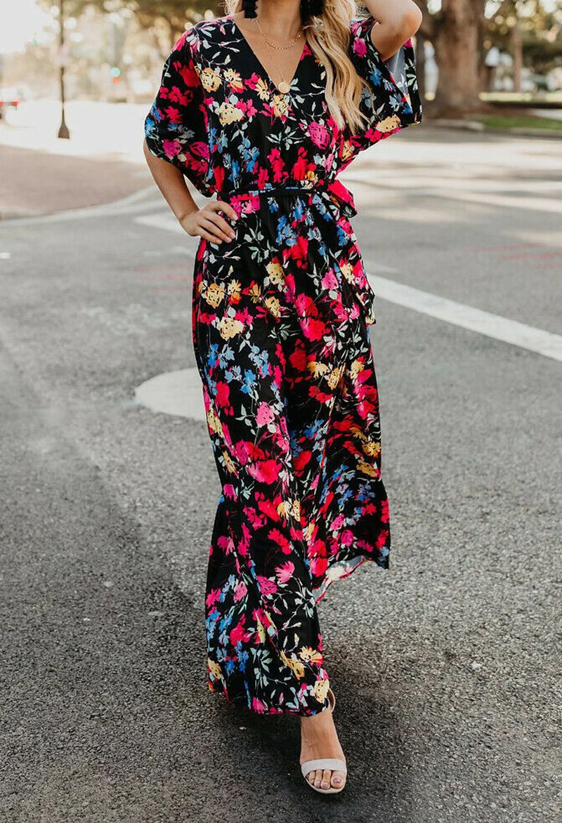 

Hot Sale 2019 Women Summer Ladies Boho Long Dress Women Sexy V-neck Beach Printed Floral Maxi Dress Fahsion Casual Strappy Dress