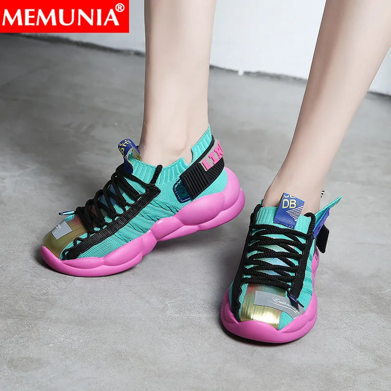 

MEMUNIA 2019 new flats shoes women round toe lace up mesh Ventilation comfortable ladies shoes mixed colors women sneakers